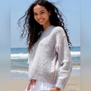 Sundry By "Anthropologie" Soft Sweater in Heather Gray & Yellow Baseball Stitch